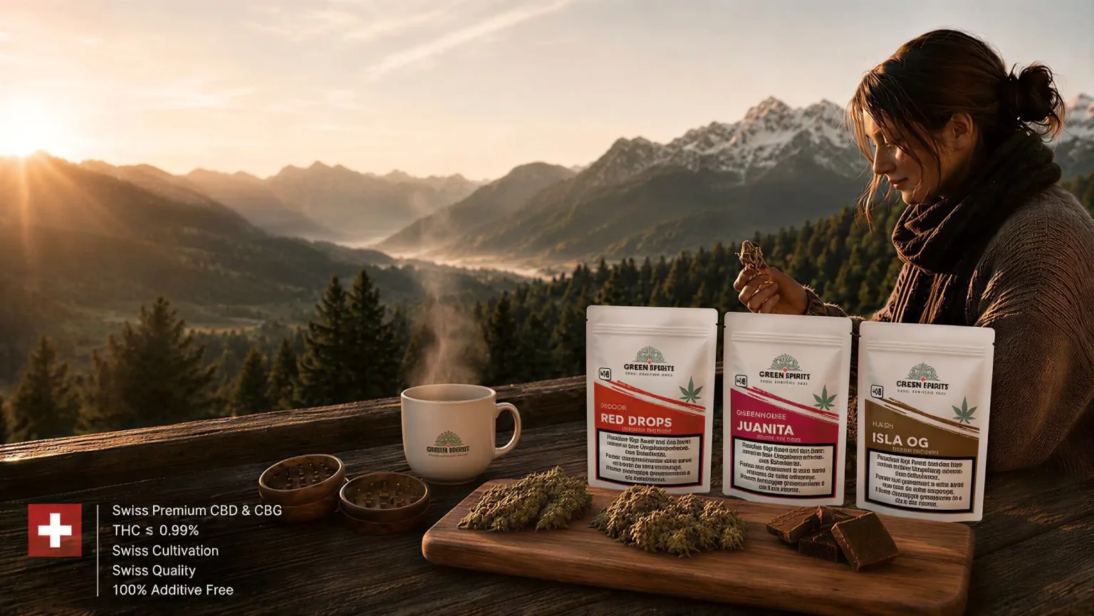Donna che osserva un fiore CBD premium Green Spirits durante l'alba sulle Alpi svizzere, con fiori indoor, greenhouse e hash svizzero esposti su tavolo rustico.